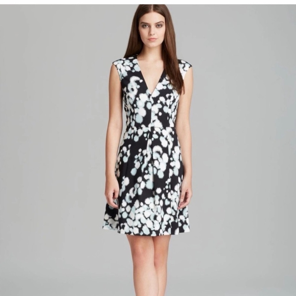 French Connection Black V Neck Abstract Dot Print Fit & Flare Mini Dress, size 6